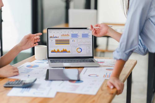 Två personer kollar på ett diagram på en dator
