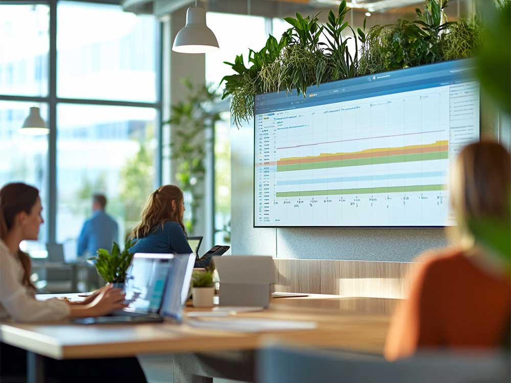 Personer kollar på en graf på en stor skärm